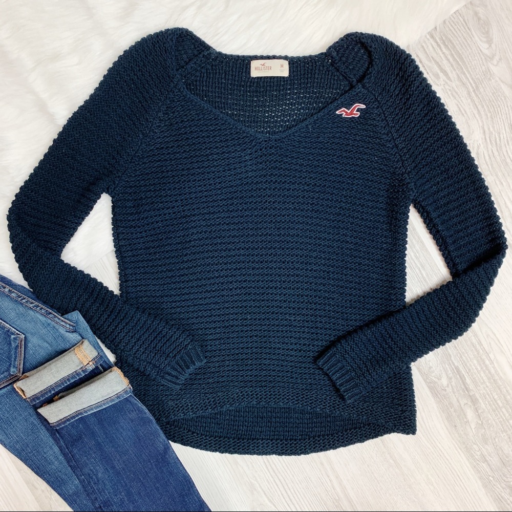 Hollister Open Knit Navy V-Neck Sweater